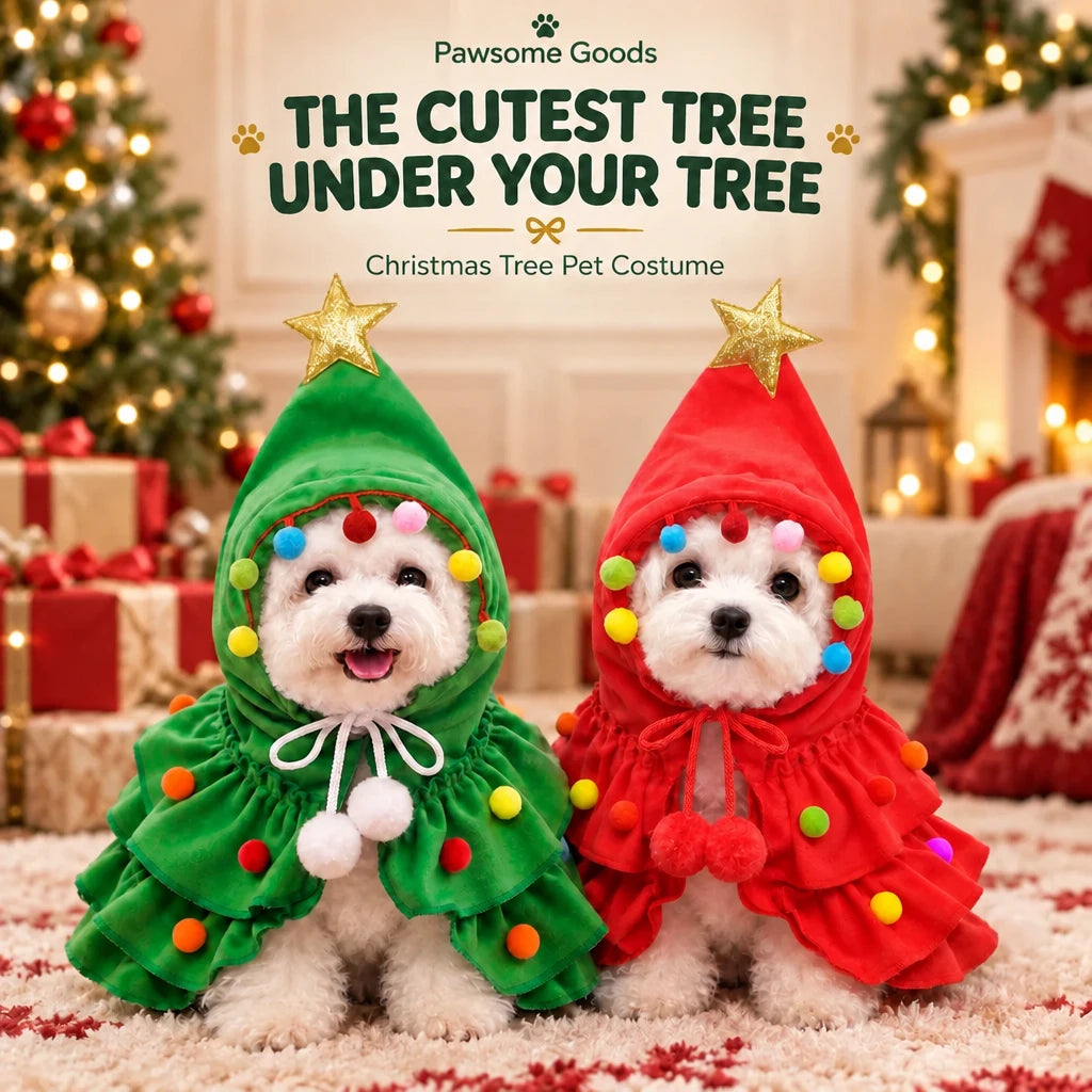 Two dogs in green and red Christmas tree costumes